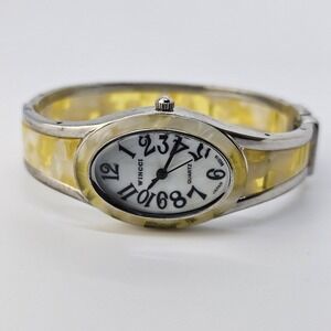 Women's Cufff Bracelet Watch 22MM White Dial Yellow Gray Band 6" New Battery